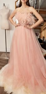 A line blush pink strapless feather beaded tulle long dress